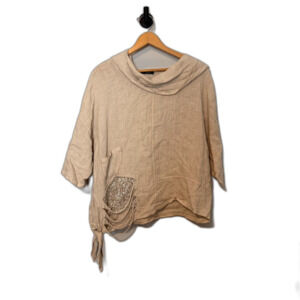Bella Amore Italy Top Hooded 100% Linen Size S/M Tan Cowl Neck